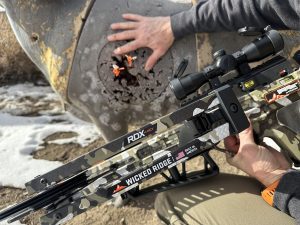 The Wicked Ridge Crossbows RDX 410 is a tack driver. This two-bolt group was from a distance of 70 yards off shooting sticks.