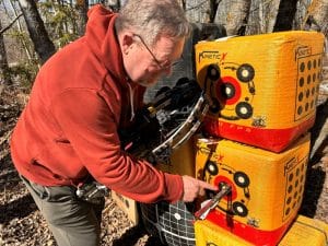 Crossbow practice range showing grouping of arrows